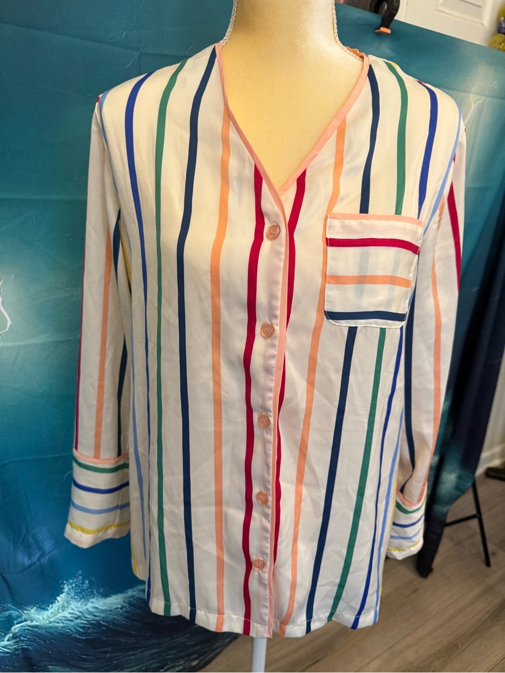 Women's Multicolor Vertical Stripe Satin Pajama Top - Cream
